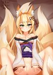  animal_ear_fluff animal_ears anus bare_shoulders blonde_hair blush bottomless breasts collarbone cowfee eyebrows_visible_through_hair fox_ears fox_tail green_eyes highres japanese_clothes long_hair long_sleeves looking_at_viewer mon-musu_quest! multiple_tails pussy slit_pupils small_breasts smile solo spread_legs tail tamamo_(mon-musu_quest!) tattoo uncensored wide_sleeves 