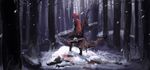  adapted_object back blood blood_stain bloodborne cloak commentary_request crescent_rose crossover forest highres hood hood_up kaatoso monster nature ruby_rose rwby scythe skirt snow snowing solo tree weapon 