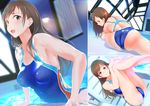  absurdres ass brown_eyes brown_hair chair competition_swimsuit highres idolmaster idolmaster_cinderella_girls idolmaster_cinderella_girls_starlight_stage indoors long_hair looking_at_viewer lounge_chair lying multiple_views nitta_minami one-piece_swimsuit open_mouth pool q_(ed69) rei_no_pool sitting stretch swimsuit water wet 