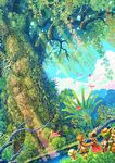 1boy 1girl bird children_of_mana colorful copyright_name crane_(animal) dutch_angle fern ferrick flamingo forest from_behind height_difference long_hair mana_tree nature official_art outdoors plant ponytail poppen scenery seiken_densetsu square_enix tamber tree wallpaper wanderer_(children_of_mana) 