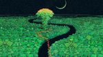  bird crane_(bird) crescent_moon forest giant_tree isono_hiroo jungle moon night river sky stars traditional_media trees 