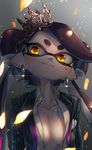  1girl aori_(splatoon) black_hair blush breasts center_opening commentary crown domino_mask earrings food food_on_head formal highres jewelry kashu_(hizake) long_hair mask medium_breasts mole mole_under_eye object_on_head pinstripe_suit smile splatoon_(series) splatoon_1 striped suit sushi tentacle_hair 