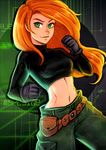 belt_pouch black_gloves breasts cargo_pants clenched_hands commentary crop_top disney fighting_stance gloves green_eyes iahfy kim_possible kimberly_ann_possible long_hair medium_breasts midriff orange_hair pants pouch solo toned 
