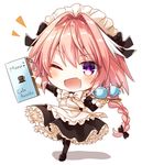  ;d alternate_costume apron astolfo_(fate) black_bow black_legwear blush bow bowtie braid chibi cup enmaided eyebrows_visible_through_hair fang fate/apocrypha fate_(series) frills garter_straps gomano_rio hair_bow long_braid long_hair long_sleeves looking_at_viewer maid maid_apron maid_headdress male_focus menu one_eye_closed open_mouth otoko_no_ko pink_hair purple_eyes simple_background smile solo teacup teapot thighhighs white_background 