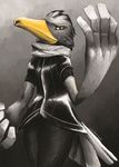  anthro avian beak bird black_legs clothed clothing digital_media_(artwork) feathers female front_view grey_feathers invalid_tag laen_patisson looking_at_viewer patisson pose scarf shoebill simple_background solo vest wings yellow_beak 