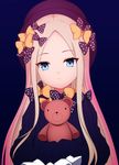  :&lt; abigail_williams_(fate/grand_order) bad_id bad_pixiv_id black_hat blonde_hair blue_background blue_eyes bow closed_mouth commentary_request dress expressionless eyebrows_visible_through_hair fate/grand_order fate_(series) hair_bow hat head_tilt highres holding holding_stuffed_animal long_hair long_sleeves looking_at_viewer man_hi_dun orange_bow polka_dot polka_dot_bow sidelocks simple_background sleeves_past_wrists solo straight_hair stuffed_animal stuffed_toy teddy_bear upper_body 