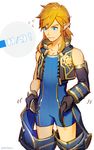  blonde_hair blue_eyes bodysuit cosplay crotchless_pants fingerless_gloves gloves hair_ornament link male_focus rex_(xenoblade_2) rex_(xenoblade_2)_(cosplay) simple_background solo the_legend_of_zelda the_legend_of_zelda:_breath_of_the_wild xenoblade_(series) xenoblade_2 
