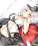  azur_lane bare_arms belt black_belt black_jacket black_neckwear black_skirt blush bra breasts cleavage closed_mouth clothes_removed collarbone cowboy_shot dutch_angle emblem enterprise_(azur_lane) eyebrows_visible_through_hair from_above glint groin hair_between_eyes hair_tucking hand_up hat ikasoke_(likerm6au) jacket lace lace-trimmed_bra lace-trimmed_panties large_breasts long_hair looking_at_viewer looking_up lying military military_hat military_uniform navel necktie necktie_removed off_shoulder open_clothes open_shirt open_skirt ornament panties peaked_cap pleated_skirt popped_collar purple_bra purple_eyes purple_panties shirt skirt skirt_pull sleeveless sleeveless_shirt solo tsurime underwear uniform white_background white_hair white_hat white_shirt 
