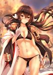  aiguillette arm_at_side azur_lane bikini black_bikini black_jacket blurry blush breasts brown_hair cleavage closed_mouth cloud cloudy_sky contrapposto cowboy_shot depth_of_field epaulettes eyebrows_visible_through_hair floating_hair frown gloves hair_between_eyes highres horns jacket jacket_on_shoulders large_breasts long_hair long_sleeves looking_at_viewer mikasa_(azur_lane) military military_jacket military_uniform navel ocean open_clothes open_jacket outdoors pearl sheath sheathed side-tie_bikini sky solo standing stomach swimsuit toenketsu uniform very_long_hair water white_gloves wind yellow_eyes 