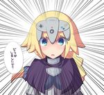 :o alternate_headwear armor bangs blue_scrunchie blush braid breasts capelet commentary_request corset emphasis_lines fate/apocrypha fate_(series) hair_ornament hair_scrunchie jeanne_d'arc_(fate) jeanne_d'arc_(fate)_(all) koyade long_hair looking_at_viewer medium_breasts nintendo_64_controller open_mouth scrunchie simple_background single_braid tareme translated underbust upper_body white_background 