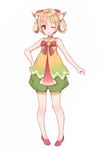  absurdres animal_ears bangs bare_arms bare_shoulders bell blush bow brown_hair choker eyebrows_visible_through_hair full_body green_shorts hair_bow hanami_dango_(zzldango) high_heels highres jingle_bell looking_at_viewer one_eye_closed original pigeon-toed pink_footwear puffy_shorts red_bow red_choker red_eyes ribbon shorts simple_background sleeveless smile solo standing vest white_background 