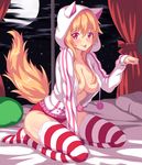  :p animal_hood artist_self-insert bangs bed bed_sheet between_legs blonde_hair breasts buruma cat_hood cat_tail cleavage closed_mouth cloud collarbone colored_eyelashes curtains eyebrows_visible_through_hair fast-runner-2024 full_body full_moon hair_between_eyes hand_between_legs hand_up highres hood hood_up hooded_jacket indoors jacket large_breasts leaning_forward long_hair long_sleeves looking_at_viewer moon night night_sky no_bra no_pants on_bed open_clothes open_jacket original paw_pose paw_print pom_pom_(clothes) red_eyes shiny shiny_skin sky sleeves_past_wrists slit_pupils smile solo striped striped_legwear tail thighhighs tiffy tongue tongue_out window 