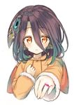  :&lt; bangs blush brown_eyes brown_hair closed_mouth commentary_request eyebrows_visible_through_hair hair_between_eyes hair_ornament hood hood_down hooded_coat jewelry long_hair long_sleeves looking_at_viewer midorikawa_you no_game_no_life orange_coat outstretched_arm ring shuvi_(no_game_no_life) simple_background sleeves_past_wrists solo white_background 