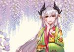  :d bangs chin_rest eyebrows_visible_through_hair fan fate/grand_order fate_(series) flower folding_fan hair_between_eyes hand_on_own_cheek highres holding holding_fan horns japanese_clothes kikumon kimono kiyohime_(fate/grand_order) long_hair long_sleeves looking_at_viewer obi open_mouth pink_kimono purple_flower sash shirotsuki_(pixiv22818137) silver_hair sleeves_past_wrists smile solo upper_body very_long_hair wisteria yellow_eyes yukata 
