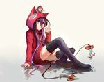  absurdres animal_hood arm_support black_footwear boots cat_hood dress full_body gradient gradient_background grey_background hair_between_eyes highres hood hooded long_hair no_game_no_life purple_hair red_sweater shuvi_(no_game_no_life) sishenfan sitting solo sweater sweater_dress thigh_boots thighhighs very_long_hair yellow_eyes 