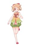  absurdres animal_ears bangs bare_arms bare_shoulders bell blush bow brown_hair choker eyebrows_visible_through_hair full_body green_shorts hair_bow hanami_dango_(zzldango) high_heels highres jingle_bell looking_at_viewer one_eye_closed original pink_footwear puffy_shorts red_bow red_choker red_eyes ribbon shorts simple_background sleeveless smile solo standing standing_on_one_leg vest white_background 