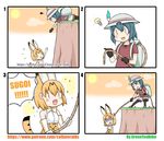  absurdres animal_ears artist_name asphyxiation bag black_gloves blonde_hair blush_stickers bow cliff cloud comic commentary_request elbow_gloves feathers flying_sweatdrops foaming_at_the_mouth gloves grass greenteaneko hat helmet highres idea kaban_(kemono_friends) kemono_friends light_bulb noose open_mouth orange_sky pantyhose pith_helmet pulling reaching red_shirt rope rope_around_neck serval_(kemono_friends) serval_ears serval_print serval_tail shirt short_hair shorts sky sparkle squiggle sun t-shirt tail turn_pale twitter_username you're_doing_it_wrong |_| 