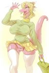  2015 anthro bag big_breasts blonde_hair breasts bulge clothed clothing dragon fangs female female_focus green_clothing hair horn looking_at_viewer open_mouth orange_eyes pink_body pussy rikuta shiny simple_background skirt smile solo standing teeth thick_tail voluptuous walking waving wide_hips yellow_skirt 