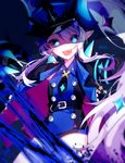  :d absurdres belt black_coat black_neckwear blue_background blue_dress blue_eyes blue_hat cowboy_shot dress elsword hat highres long_hair looking_at_viewer luciela_r._sourcream necktie open_mouth patzzi pointy_ears short_shorts shorts signature simple_background skirt smile solo spikes timoria_(elsword) twintails white_hair 