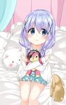  angora_rabbit animal bangs bed blue_eyes blue_hair blue_shirt blue_shorts blush bunny cacao_(chocolat) closed_mouth commentary_request eyebrows_visible_through_hair eyepatch frilled_pillow frilled_shirt frilled_skirt frills gochuumon_wa_usagi_desu_ka? hair_between_eyes hairband highres hood hoodie kafuu_chino lolita_hairband long_sleeves looking_at_viewer object_hug open_clothes open_hoodie pajamas pillow shirt shorts sitting skirt stuffed_animal stuffed_bunny stuffed_toy tippy_(gochiusa) white_hoodie 