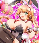  ;d animal_ears balloon balloon_vine_(flower_knight_girl) between_breasts black_legwear black_leotard blonde_hair blush bow braid breasts bunny_ears bunny_tail bunnysuit bursting_breasts cleavage detached_collar earrings easter easter_egg egg flower_knight_girl green_eyes hair_ornament heart heart-shaped_pupils heart_hair_ornament holding holding_balloon huge_breasts jewelry leotard long_hair looking_at_viewer masako_(sabotage-mode) necktie necktie_between_breasts one_eye_closed open_mouth pink_background red_bow red_neckwear shiny shiny_skin smile solo star symbol-shaped_pupils tail thighhighs 