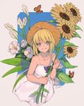  ahoge animal artoria_pendragon_(all) bangs bare_arms bare_shoulders blonde_hair blue_bow bow bright_pupils bug butterfly closed_mouth collarbone dress fate/stay_night fate_(series) flat_chest flower hat holding holding_flower insect lanzi_(415460661) leaf looking_at_viewer saber short_hair signature sleeveless sleeveless_dress smile spaghetti_strap straw_hat sundress sunflower two-tone_background upper_body water_drop white_dress 