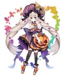  black_legwear blue_eyes blush detached_sleeves dress eyebrows_visible_through_hair fate/grand_order fate_(series) floating_hair flower full_body gloves hair_flower hair_ornament hat holding ichinose_(sorario) long_hair looking_at_viewer marie_antoinette_(fate/grand_order) pumpkin purple_dress purple_flower purple_hat silver_hair simple_background sleeveless sleeveless_dress smile solo standing thighhighs twintails very_long_hair white_background white_gloves 