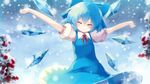  blue_bow blue_dress blue_hair blue_wings bow cirno closed_eyes commentary_request cowboy_shot dress eyebrows_visible_through_hair gengetsu_chihiro hair_bow highres ice ice_wings outstretched_arms puffy_short_sleeves puffy_sleeves red_neckwear red_ribbon ribbon short_hair short_sleeves smile snow snowing solo stretch touhou wings 