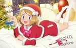  :d ass bed_sheet bedroom blush bow bowtie breasts candy candy_cane capelet character_name christmas christmas_tree commentary dress english food full_body gazing_eye hat highres legs_up long_sleeves looking_at_viewer lying merry_christmas no_shoes on_bed on_stomach open_mouth pillow pokemon pokemon_(anime) pokemon_xy_(anime) serena_(pokemon) short_hair small_breasts smile socks solo sparkle text_focus window 