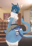  2017 anime anthro big_thighs blue_eyes blue_fur blue_hair bra camel_toe cartoon_network cat clothed clothing digital_media_(artwork) feline female fur hair legwear looking_at_viewer mammal mature_female nicole_watterson open_mouth open_shirt pose rear_view short_hair solo standing startled striped_underwear the_amazing_world_of_gumball thigh_highs tovio-rogers underwear upskirt 