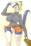  2015 anthro bag big_breasts blonde_hair blue_body blue_clothing breasts bulge clothed clothing dragon fangs female female_focus green_eyes hair horn looking_at_viewer open_mouth orange_skirt pussy rikuta shiny simple_background skirt smile solo standing teeth thick_tail voluptuous walking waving wide_hips 
