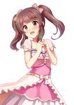  :d blush bow brown_eyes brown_hair clover collarbone dress eyebrows_visible_through_hair hair_bow head_tilt highres holding idolmaster idolmaster_cinderella_girls long_hair ogata_chieri open_mouth pink_bow pink_dress sakurano_yukke short_sleeves simple_background smile solo standing twintails white_background 