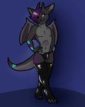  2017 bulge chaps clothing digital_drawing_(artwork) digital_media_(artwork) dragon girly green_eyes grin hair horn leather_chaps male purple_hair scales scalie seren_duskflare short_hair simple_background smile solo thong toes wide_hips wings woosheek 