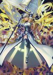  2017 anikakinka armor armored_boots armored_dress banner blue_eyes blue_gloves boots breasts dress elbow_gloves fate/apocrypha fate_(series) full_body fur_trim gauntlets gloves holding holding_weapon jeanne_d'arc_(fate) jeanne_d'arc_(fate)_(all) large_breasts leg_up long_hair sheath sheathed signature sleeveless sleeveless_dress solo sword thighhighs very_long_hair weapon white_dress 