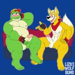  2017 amphibian anthro balls big_penis blush bottomless canine clothed clothing comparing comparing_penis digital_drawing_(artwork) digital_media_(artwork) duo english_text erection fox fox_mccloud frog gloves hat hi_res humanoid_penis male male/male mammal muscular muscular_male nintendo nipples open_mouth overweight overweight_male penis penis_size_difference shirt sitting slippy_toad smile speech_bubble spread_legs spreading star_fox tank_top text video_games white_balls wolfbuns 