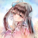  :s artist_name blue_sky blush brown_hair closed_mouth day eyebrows_visible_through_hair girls_frontline highres japanese_clothes kimono long_hair long_sleeves looking_at_viewer looking_back mirutu one_side_up outdoors petals pink_kimono red_eyes signature sky solo upper_body v-shaped_eyebrows wa2000_(girls_frontline) 