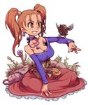  bare_shoulders bird breasts brown_eyes brown_hair cleavage commentary_request corset dragon_quest dragon_quest_viii dress earrings highres jessica_albert jewelry large_breasts long_hair purple_shirt red_hair shirt strapless strapless_dress toyaken21 twintails 