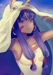  absurdres armpits collarbone earrings eyebrows_visible_through_hair facial_mark fate/grand_order fate_(series) highres jewelry long_hair looking_at_viewer natsu_(shamikana) nitocris_(fate/grand_order) purple_eyes purple_hair smile solo upper_body 