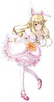  ;) animal_ears blonde_hair blue_eyes boots bow bunny_ears collarbone dress eyebrows_visible_through_hair fake_animal_ears floating_hair frilled_hairband frills full_body hairband high_heel_boots high_heels highres leaning_forward long_hair one_eye_closed orange_bow orange_ribbon pantyhose pink_footwear pink_hairband princess_(princess_principal) princess_principal ribbon simple_background smile solo standing taniguchi_gou white_background white_dress white_legwear wrist_ribbon 