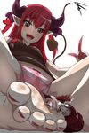  absurdres barefoot bow bow_panties carmilla_(fate/grand_order) elizabeth_bathory_(fate)_(all) fate/extra fate/extra_ccc fate/grand_order fate_(series) feet foot_licking giantess heart highres horns licking multiple_girls navel open_mouth panties pink_panties preesoul size_difference soles toes tongue underwear 