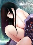  bangs black_hair black_kimono blunt_bangs blush breasts commentary_request enma_ai hime_cut japanese_clothes jigoku_shoujo kimono kozue_akari large_breasts long_hair nipples off_shoulder open_clothes open_kimono parted_lips red_eyes solo straight_hair wet wet_hair 