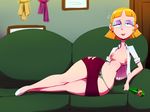  1girl alcohol belly black_eyes blonde_hair breasts couch drink earrings hey_arnold! high_heels jewelry milf miriam_pataki nose panties short_hair sitting skirt solo stomach thehumancopier underwear 