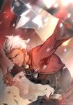  archer black_pants bow_(weapon) dark_skin dark_skinned_male fate/stay_night fate_(series) h_sueun highres holding holding_bow_(weapon) holding_weapon looking_at_viewer male_focus pants parted_lips signature silver_hair solo weapon zelovel 