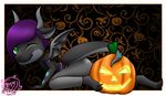  2017 anthro black_shirt clothing decorative digital_media_(artwork) digitigrade dragon food fruit green_eyes hair halloween holidays horn jack_o_lantern male medicatedcannibal pants pumpkin purple_hair scales scalie seren_duskflare short_hair solo wings 