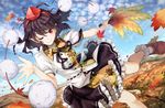  ;) autumn autumn_leaves black_ribbon blue_sky bobby_socks buttons cloud day dutch_angle fan flying frilled_skirt frills hat hauchiwa highres holding holding_fan leaf leaf_print looking_at_viewer maple_leaf midair neck_ribbon one_eye_closed outdoors pointy_ears pom_pom_(clothes) puffy_short_sleeves puffy_sleeves red_eyes ribbon ribbon-trimmed_clothes ribbon-trimmed_skirt ribbon_trim shameimaru_aya shirt shoes short_hair short_sleeves skirt sky smile socks solo syuri22 tokin_hat touhou waving white_legwear 