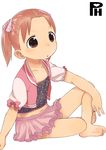  1girl arm_support barefoot brown_hair child feet female ichigo_mashimaro matsuoka_miu midriff navel satsuyo simple_background skirt soles solo toes twintails white_background 