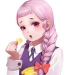  bag_of_chips bangs bow braid chips food hair_bow jasminka_antonenko little_witch_academia looking_at_viewer open_mouth pink_eyes pink_hair potato_chips qi_kou red_bow school_uniform solo twin_braids upper_body 
