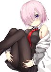  7_calpis_7 ass black_dress black_legwear blush breasts closed_mouth dress fate/grand_order fate_(series) feet_out_of_frame grey_jacket hair_over_one_eye jacket knees_to_chest legs_up long_sleeves looking_at_viewer mash_kyrielight medium_breasts necktie open_clothes open_jacket pantyhose pink_hair purple_eyes red_neckwear shiny shiny_hair short_hair sideboob simple_background sleeveless sleeveless_dress smile solo tareme track_jacket unzipped white_background 