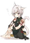  :t animal_ears arm_tattoo bangs bare_shoulders barefoot black_pants black_shirt blush cat_ears cat_girl cat_tail closed_mouth commentary_request eyebrows_visible_through_hair final_fantasy final_fantasy_xiv full_body green_eyes heterochromia leg_hug midorikawa_you miqo'te monk_(final_fantasy) own_hands_together pants pout purple_eyes shirt short_hair simple_background sitting sketch sleeveless sleeveless_shirt solo tail tattoo translation_request v-shaped_eyebrows white_background white_hair 