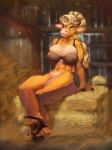  abs anthro barn big_breasts blonde_hair bovine bra breasts cattle clothing female hair horn kheltari mammal nipple_bulge panties panties_down sitting smile solo thick_thighs underwear 